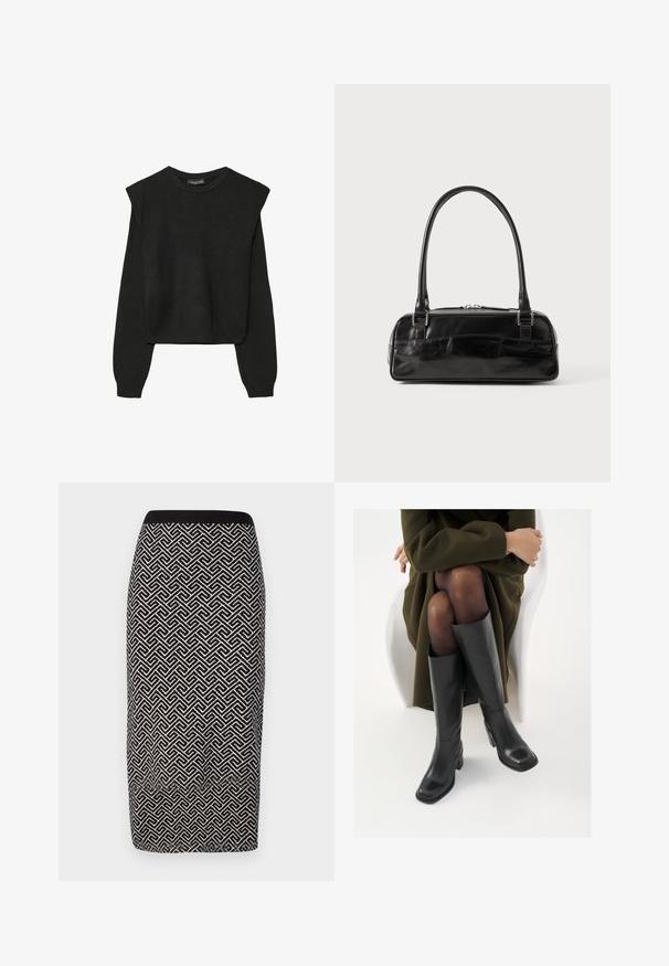 Svart långärmad stickad tröja med vadderade axlar och ribbade muddar och fåll, visad mot en vit bakgrund.; Svart och vit mönstrad pennkjol i texturerad tyg, med en ribbad midjeband och geometrisk design överallt.; Knähöga svarta läderstövlar med fyrkantig tå och klack i blockmodell, visade med en modell sittande i en olivgrön kappa. Slät textur, minimal detaljering.; Svart läderhandväska i rektangulär form, med ett enda strukturerat handtag, silverfärgade detaljer och dragkedjestängning. Slät yta.