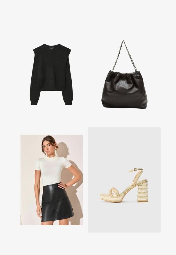 Czarny, długi sweter z dzianiny z poduszkami na ramionach oraz prążkowanymi mankietami i dołem, pokazany na białym tle.; Biała, prążkowana bluzka z krótkim rękawem w połączeniu z czarną, mini spódnicą z materiału o wyglądzie skóry, z detalami w postaci paneli i elegancką sylwetką.; Beżowe sandały na wysokim obcasie z paskami, z blokowym obcasem owiniętym teksturowanym sznurkiem. Regulowany pasek w kostce i gładka podeszwa.; Brązowa skórzana torba z marszczonym szczytem i łańcuszkowym paskiem. Gładka tekstura z błyszczącym wykończeniem i subtelnymi detalami szwów po bokach.