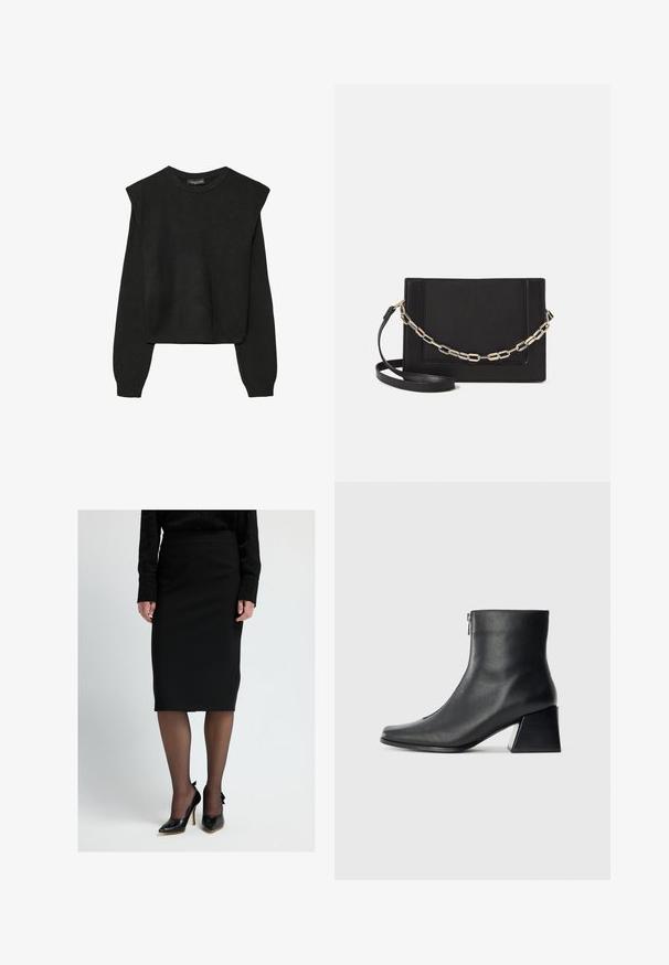 Pull en tricot noir à manches longues avec épaules rembourrées et poignets et ourlet côtelés, présenté sur un fond blanc.; Jupe crayon noire au texture lisse, accompagnée de chaussures à talons hauts noires avec un accent en nœud au dos. Des collants noirs transparents complètent le look.; Bottine en cuir noir avec un bout carré, fermeture éclair sur le côté et talon bloc sur fond clair uni.; Sac bandoulière en cuir noir avec une texture lisse, de forme rectangulaire et un détail en chaîne métallique à l'avant. Sangle réglable incluse.