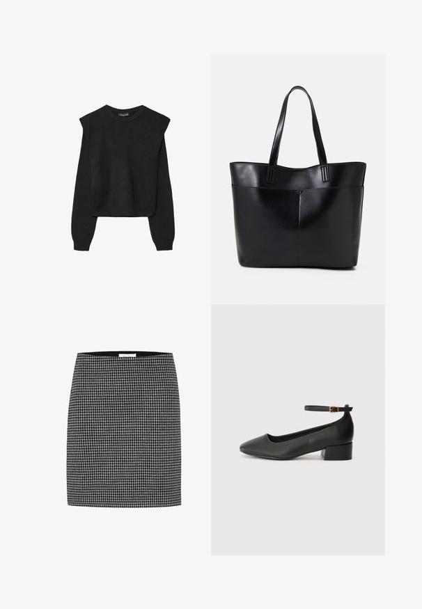 Black long-sleeve knitted sweater with padded shoulders and ribbed cuffs and hem, shown against a white background.; Black and white houndstooth skirt with a fitted silhouette, smooth texture, and a waistband. No visible hardware or patterns beyond the houndstooth design.; Black leather pump with a pointed toe and a low block heel. Features an ankle strap with a gold-tone buckle. Smooth texture.; Black leather tote bag with two long handles, a smooth texture, and a structured shape. Features a front pocket for additional storage.