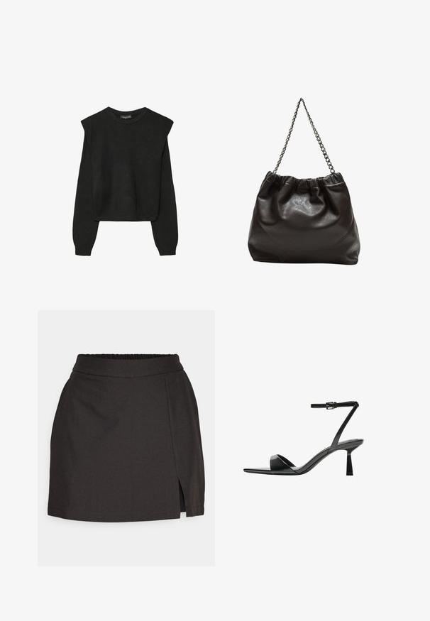 Crna pletena dugoslojna majica sa podloženim ramenima i rebrastim manžetama i rubom, prikazana na bijeloj pozadini.; Crna suknja od glatkog materijala, s elastičnom trakicom u struku, ravnog kroja i bočnim prorezom za lakše kretanje.; Bershka Sandale s visokom petom - black; Smeđa kožna torba s naboranim vrhom i lančićem za nošenje. Glatka tekstura s sjajnim završetkom i suptilnim šavnim detaljima sa strane.
