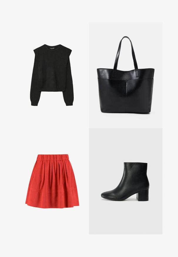 Mustat pitkätuuliseset neulepaidat, joissa on toppaukset harteilla sekä ribbaus hihansuissa ja helmassa, esitetty valkoista taustaa vasten.; Moves KIA - Vekkihame - mineral red; Musta nahkasaappaat nilkkapituudella, jossa on terävä kärki ja paksu korko. Silkkinen pinta, jossa on minimaaliset yksityiskohdat ja tyylikäs, istuva muotoilu.; Musta nahkainen kassi, jossa on kaksi pitkää kahvaa, sileä pinta ja jämäkkä muoto. Sisältää etutaskun lisävarastointia varten.