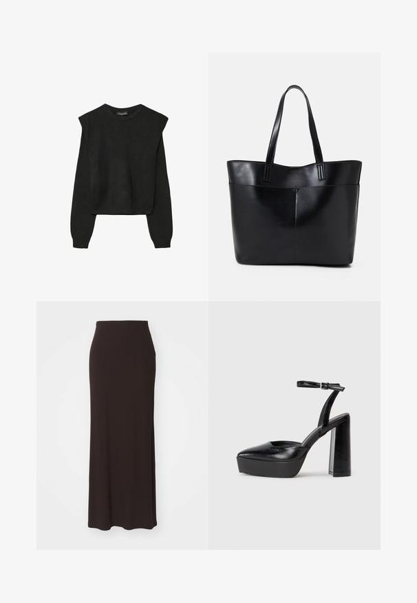 Crna pletena dugoslojna majica sa podloženim ramenima i rebrastim manžetama i rubom, prikazana na bijeloj pozadini.; Duga crna suknja izrađena od mekanog rastezljivog materijala, s uskim strukom i jednostavnim, elegantnim dizajnom bez dodatnih akcenata ili uzoraka.; Crne platforme s potpeticom s oštrim vrhom i podešivom naramenicom. Izrađene od glatke kože, s masivnom blok petom.; Crna kožna torba s dugim ručkama, glatkom teksturom i strukturiranim oblikom. Ima prednju džep za dodatno pohranu.