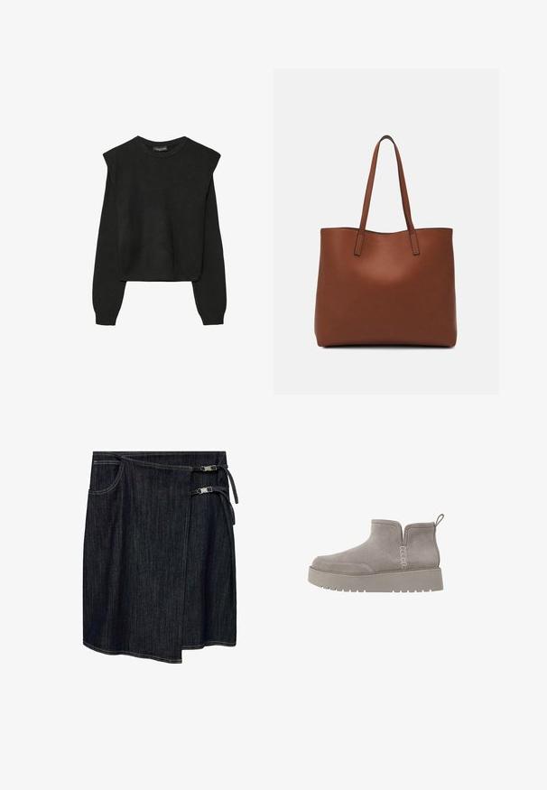 Maglione nero a maniche lunghe in maglia con spalle imbottite e polsini e orlo a coste, mostrato su uno sfondo bianco.; Mango PINA - Gonna a portafoglio - royal blue; Stivale alla caviglia in suede grigio, dal profilo basso, con pannelli laterali elastici e suola in gomma testurizzata. Presenta un inserto per una facile calzata.; Borsa tote in pelle marrone con texture liscia, design con apertura superiore e due spallacci. Presenta cuciture minime e nessun hardware visibile.