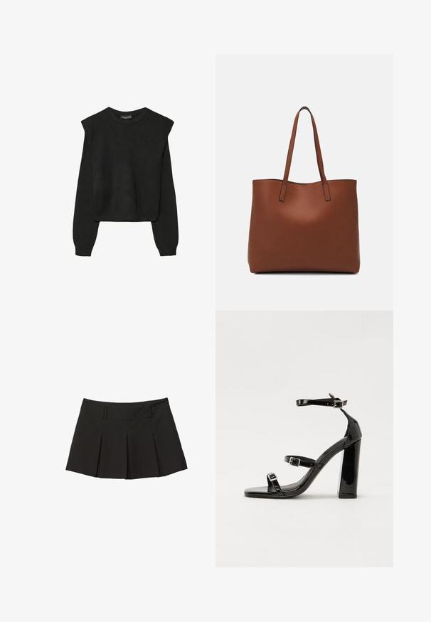 Sort striktrøje med lange ærmer, polstrede skuldre og ribkantede manchetter og kant, vist mod en hvid baggrund.; Sorte plisede nederdel med en tætsiddende livlinje og en blød tekstur. Designet med frontpliser for ekstra form og stil.; Sorte laklædersandaler med høje hæle, to spænderemme, firkantet tå og en kraftig blokhæl, der har en glat, blank overflade.; Brun læder tote taske med en glat overflade, åben topdesign og to skulderremme. Har minimal syning og ingen synlig hardware.