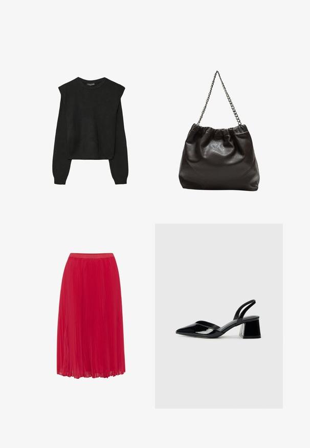 Crna pletena dugoslojna majica sa podloženim ramenima i rebrastim manžetama i rubom, prikazana na bijeloj pozadini.; Crvena plisirana suknja od glatkog, laganog materijala. Ima elastičnu traku u struku i lepršavi dizajn za lakše kretanje.; Crne lakirane kožne sandale s otvorenom petom i špicastim vrhom, s geometrijskom blok petom. Imaju elegantan, minimalistički dizajn i glatku teksturu.; Smeđa kožna torba s naboranim vrhom i lančićem za nošenje. Glatka tekstura s sjajnim završetkom i suptilnim šavnim detaljima sa strane.