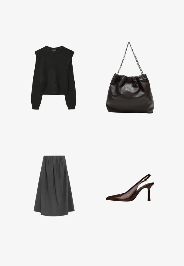 Mustat pitkätuuliseset neulepaidat, joissa on toppaukset harteilla sekä ribbaus hihansuissa ja helmassa, esitetty valkoista taustaa vasten.; Harmaa, polvipituinen hame, joka on valmistettu teksturoidusta kankaasta; siinä on joustava vyötärö ja laskostettu muotoilu, joka tuo volyymia ja muotoa.; Kastanjan värinen nahkainen slingback-korkokenkä, jossa on terävä kärki ja ohut korko. Kengässä on pieni korostussolki vyössä ja kiiltävä pinta.; Ruskea nahkainen laukku, jossa on kerätty yläosa ja ketjuhihna. Tasainen pinta, jossa kiiltävä viimeistely ja hienovaraiset sauman yksityiskohdat sivuilla.