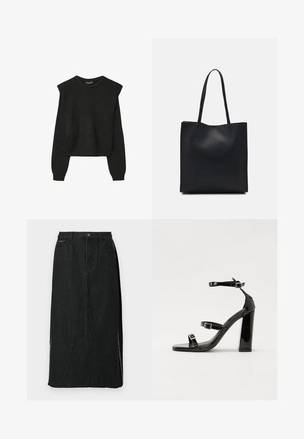 Sort striktrøje med lange ærmer, polstrede skuldre og ribkantede manchetter og kant, vist mod en hvid baggrund.; Sort denimnederdel med høj talje, lige snit og unikke skrå sømme. Har sideslids og knaplukning i taljen.; Sorte patenterede hælsandaler med firkantet tå, ankelremme og sølvspænder. Har en chunky blokHæl for stabilitet.; Sort læder tote taske med glat tekstur, rektangulær form og to lange hanke. Ingen synlig hardware eller udsmykninger.