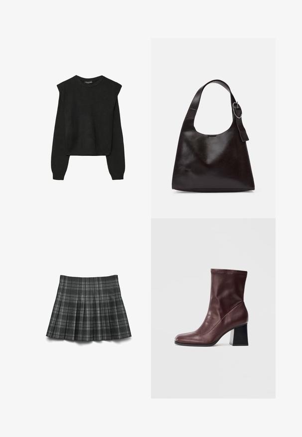 Maglione nero a maniche lunghe in maglia con spalle imbottite e polsini e orlo a coste, mostrato su uno sfondo bianco.; Gonna a pieghe a scacchi nera e grigia con una texture liscia, caratterizzata da linee verticali e orizzontali per un design strutturato.; Stivale alla caviglia in pelle bordeaux con punta quadrata e polsino a coste, caratterizzato da un tacco blocco nero spesso con scanalature orizzontali.; Borsa a spalla in pelle marrone con una texture liscia, forma arrotondata, ampia tracolla e un accento metallico circolare sul manico.