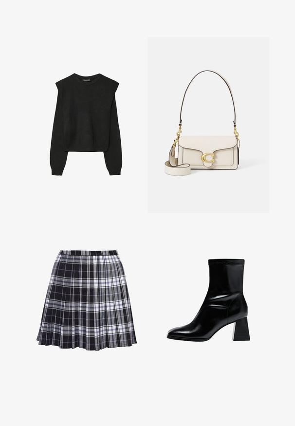 Black long-sleeve knitted sweater with padded shoulders and ribbed cuffs and hem, shown against a white background.; Black and gray plaid pleated skirt with a waistband, fabric texture is smooth, featuring horizontal and vertical lines in varying widths.; Black ankle boot made of smooth leather. Features a block heel with a textured, ribbed pattern and a sleek tapered toe design.; Cream leather handbag with a structured design, contrasting black edges, gold hardware, and a detachable strap featuring a signature logo.