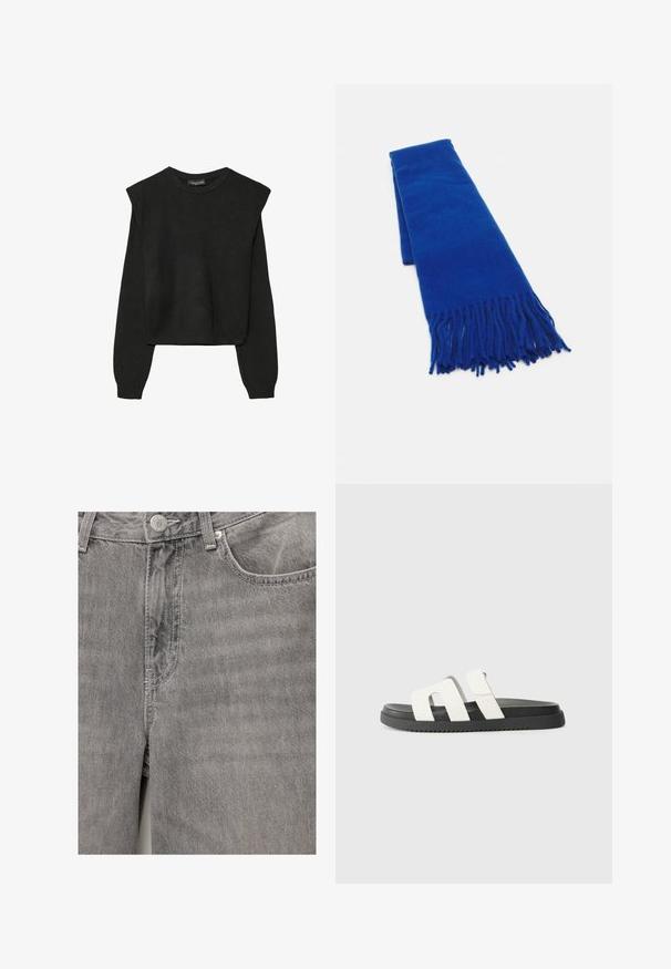 Mustat pitkätuuliseset neulepaidat, joissa on toppaukset harteilla sekä ribbaus hihansuissa ja helmassa, esitetty valkoista taustaa vasten.; Harmaa farkkukangas, jossa on sileä pinta, etuosassa nappi ja vetoketju, sivutaskut sekä hienovaraiset ompeluyksityiskohdat.; Valkoiset liukusandaalit, joissa on kaksi leveää remmiä, musta kumipohja, minimalistinen muotoilu ja sileä pinta. Sopivat rentoon käyttöön.; Sininen kudottu huivi, jossa on hapsupäät, sileä rakenne, suorakaiteen muoto ja tasainen väri ympäriinsä. Sopii kylmälle säälle.; Beige laukku, jossa on V-muotoinen yläosa, sileää nahkaa, lyhyet kahvat ja pitkä säädettävä hihna. Minimalistinen muotoilu.