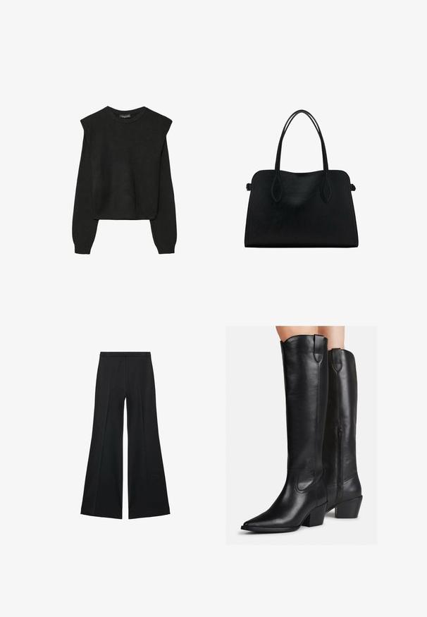 Čierny pletený sveter s dlhými rukávmi, vycpanými ramenami a rebrovanými nápletmi a spodným okrajom, zobrazený na bielom pozadí.; Čierne široké nohavice s hladkou textúrou, s prednými záhybmi a elegantným strihom. Materiál je ľahký a pruhlý.; Čierne kožené čižmy do výšky kolien s špicatou špičkou, blokovým podpätkom a dekoratívnym prešívaním. Bočný zips a poutko na vrchu pre jednoduché obúvanie.; Čierna kožená kabelka s dvojitými popruhmi na rameno, obdĺžnikový tvar a minimalistický dizajn na bielom pozadí.