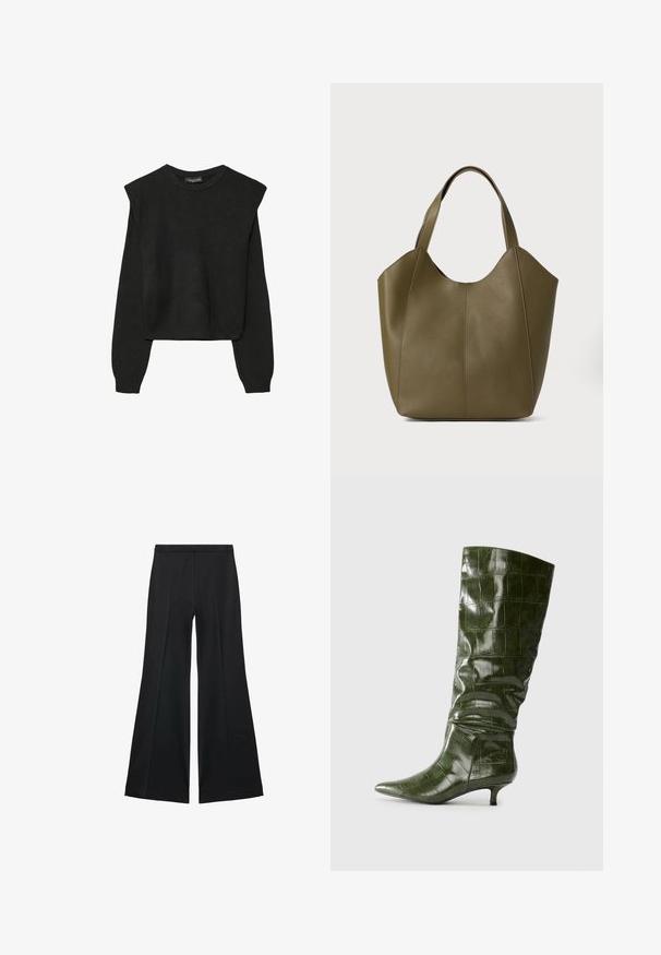 Mustat pitkätuuliseset neulepaidat, joissa on toppaukset harteilla sekä ribbaus hihansuissa ja helmassa, esitetty valkoista taustaa vasten.; Mustat leveälahkeiset housut, joissa on sileä pinta, etupuolella laskokset ja muotolaskettu malli. Kangas on kevyttä ja laskeutuvaa.; Korkea, tummanvihreä krokotiilikuosisista nahkakengät, joissa on terävä kärki ja matala kitten-korko, kuvattu sivulta yksinkertaista taustaa vasten.; Oliivivärinen nahkakassi, jossa on kaksoisremmit, sileä pinta ja neljän paneelin muotoilu. Vahvistettu ompelu saumoissa kestävyyden takaamiseksi.