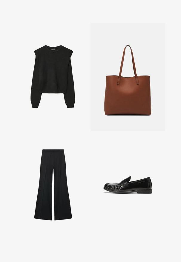 Crna pletena dugoslojna majica sa podloženim ramenima i rebrastim manžetama i rubom, prikazana na bijeloj pozadini.; Crne široke hlače s glatkom teksturom, koje imaju prednje nabore i kroj po mjeri. Tkanina je lagana i lepršava.; Crne kožne loaferice s glatkom, sjajnom površinom, zaobljenim vrhom i dekorativnim šavovima uz rubove. Ravni gumeni đon s minimalnim uzorkom.; Smeđa kožna torba preko ramena s glatkom teksturom, otvorenim vrhom i dvjema naramenicama. Ima minimalne šavove i nema vidljivog hardvera.