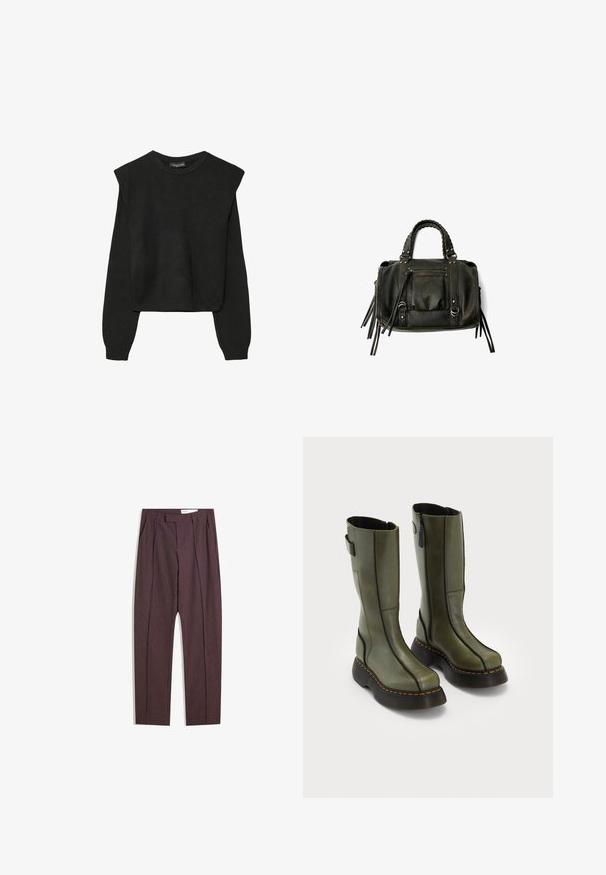Pull en tricot noir à manches longues avec épaules rembourrées et poignets et ourlet côtelés, présenté sur un fond blanc.; Pantalons rayés violets avec plis, présentant une taille haute et un design à jambes droites. Fabriqués à partir d'un tissu lisse et texturé.; Une paire de bottes en cuir vert olive mi-mollet avec des semelles épaisses noires et des surpiqûres oranges, dotées de fermetures éclair sur le côté et d'un détail de sangle à l'arrière du dessus.; Sac à main en cuir noir avec des poignées tressées, une poche zippée et des glands suspendus. Surface texturée avec des clous en métal et des accents en métal.