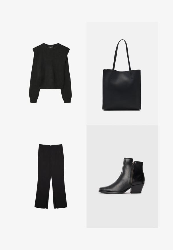 Crna pletena dugoslojna majica sa podloženim ramenima i rebrastim manžetama i rubom, prikazana na bijeloj pozadini.; Crne hlače ravnog kroja, s prednjim džepovima i bočnim prorezima na rubu. Izrađene od mekog i glatkog materijala. Pogodne za razne prigode.; Crna kožna čizma do gležnja s uskim vrhom, bočnim patentnim zatvaračem i debelim potplatom. Glatka tekstura i minimalistički dizajn.; Crna kožna torba za nošenje s glatkom teksturom, pravokutnim oblikom i dvije duge ručke. Nema vidljivih metalnih dijelova ili ukrasa.