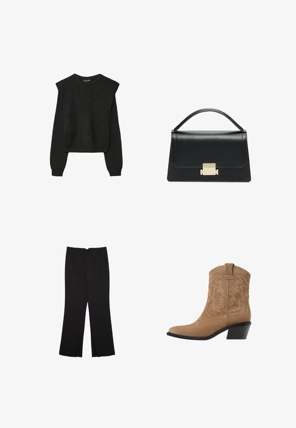 Svart långärmad stickad tröja med vadderade axlar och ribbade muddar och fåll, visad mot en vit bakgrund.; Svarta byxor med rak passform, utrustade med framfickor och sidoklyvningar vid fållen. Tillverkade av mjukt, slätt tyg. Lämpliga för olika tillfällen.; Bruna mockaskinns westernankelstövlar med spetsig tå, broderad design och en låg, staplad svart klack. Har dragflikar för enkel påtagning.; Svart läderhandväska med en strukturerad design, handtag upptill och en detalj i guldmetalllås på framsidan. Slät yta, minimal sömnad.