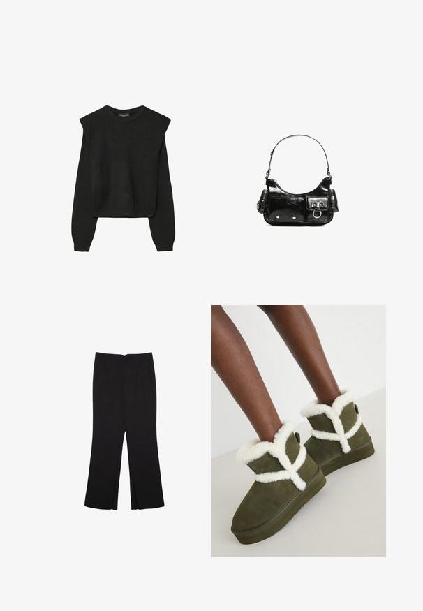 Czarny, długi sweter z dzianiny z poduszkami na ramionach oraz prążkowanymi mankietami i dołem, pokazany na białym tle.; Czarne spodnie o prostym kroju, z przednimi kieszeniami i bocznymi rozcięciami na dole. Wykonane z miękkiego, gładkiego materiału. Odpowiednie na różne okazje.; Zielone zamszowe botki za kostkę z białym sztucznym futrem, z krzyżowym wzorem, płaską gumową podeszwą i pętelką z tyłu do łatwego zakładania.; Czarna torebka z lakierowanej skóry o zaokrąglonym kształcie, z jednym paskiem na ramię, przednimi kieszeniami i akcentami w kolorze srebrnym.