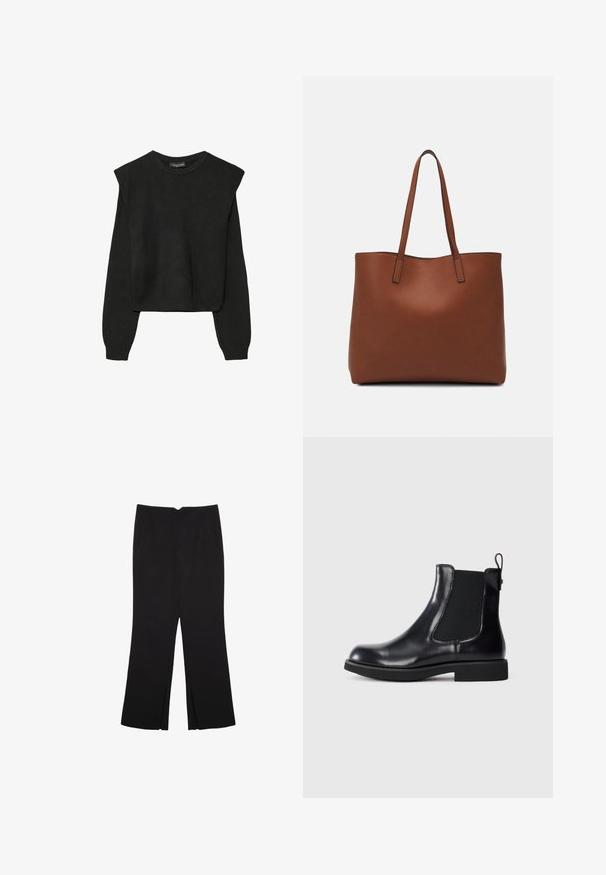 Črn dolgi pulover iz pletenine z oblazinjenimi rameni ter rebrastimi manšetami in robom, prikazan na beli podlagi.; Črne hlače ravnega kroja z naglavnimi žepi in stranskimi razporki na robu. Narejene iz mehke, gladke tkanine. Primerne za različne priložnosti.; Črne usnjene Chelsea čevlji z elastičnim stranskim delom, zanka na peti, nizko blokasto podplat, prikazani na beli podlagi.; Rjava usnjena torba z gladko teksturo, odprto zasnovo zgoraj in dvema naramnima trakovoma. Opremljena je z minimalnim šivanjem in brez vidnih kovinskih delov.