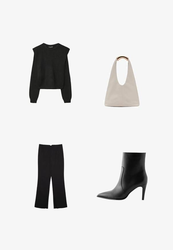 Černý pletený svetr s dlouhými rukávy, vycpanými ramenními částmi a ribbovanými manžetami a lemem, zobrazený na bílém pozadí.; Černé kalhoty s rovným střihem, s předními kapsami a bočními rozparky na lemu. Vyrobené z jemné, hladké tkaniny. Vhodné na různé příležitosti.; Černá kožená kotníková bota s špičatou špičkou, hladkým povrchem a jehlovým podpatkem. Minimalistický design bez ozdob.; Světlá šedá kožená taška s U-tvarovaným designem a zakřivenou kovovou rukojetí. Hladký povrch s minimálním šitím a bez viditelných vzorů.