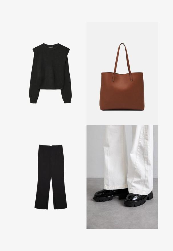 Maglione nero a maniche lunghe in maglia con spalle imbottite e polsini e orlo a coste, mostrato su uno sfondo bianco.; Pantaloni neri a gamba dritta, con tasche frontali e spacchi laterali all'orlo. Realizzati in tessuto morbido e liscio. Adatti a diverse occasioni.; Scarpe nere con suola chunky e finitura lucida, abbinate a pantaloni bianchi a gamba larga. Suola spessa e texture liscia sulle scarpe.; Borsa tote in pelle marrone con texture liscia, design con apertura superiore e due spallacci. Presenta cuciture minime e nessun hardware visibile.