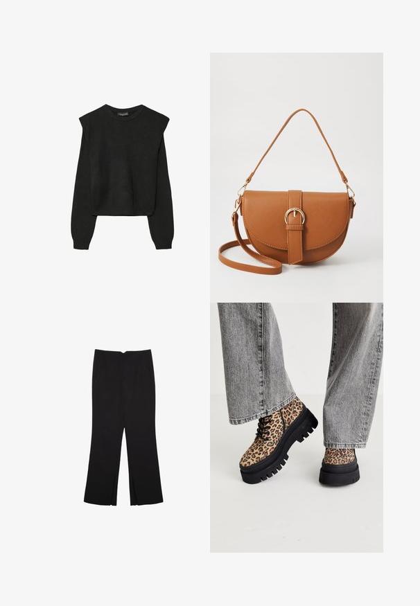 Schwarzer, langärmeliger, gestrickter Pullover mit gepolsterten Schultern sowie gerippten Bündchen und Saum, dargestellt vor einem weißen Hintergrund.; Schwarze Hose mit geradem Schnitt, ausgestattet mit Fronttaschen und Seitenschlitzen am Saum. Hergestellt aus weichem, glattem Stoff. Geeignet für verschiedene Anlässe.; Steve Madden COAST - Schnürstiefelette - brown/multi-coloured; Braune Leder-Crossbody-Tasche mit geschwungener Form, goldfarbenen Beschlägen und einer Schnallenakzentuierung. Verfügt über einen abnehmbaren Schultergurt.