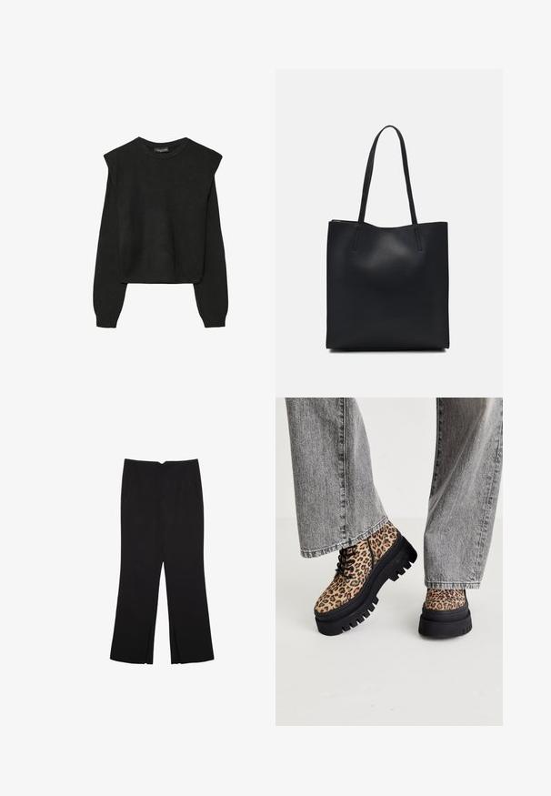 Zwart gebreid trui met lange mouwen, voorzien van gewatteerde schouders en geribbelde manchetten en onderrand, weergegeven tegen een witte achtergrond.; Zwarte broek met een rechte pasvorm, voorzien van zijzakken en plooien aan de onderzijde. Gemaakt van zachte, gladde stof. Geschikt voor verschillende gelegenheden.; Steve Madden COAST - Veterboots - brown/multi-coloured; Zwarte leren handtas met een gladde textuur, rechthoekige vorm en twee lange handvaten. Geen zichtbare hardware of versieringen.