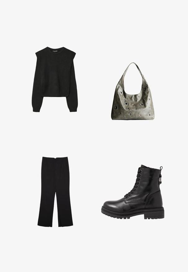 Černý pletený svetr s dlouhými rukávy, vycpanými ramenními částmi a ribbovanými manžetami a lemem, zobrazený na bílém pozadí.; Černé kalhoty s rovným střihem, s předními kapsami a bočními rozparky na lemu. Vyrobené z jemné, hladké tkaniny. Vhodné na různé příležitosti.; Černá kožená kotníková bota s kulatou špičkou, šněrováním v přední části a texturovanou gumovou podrážkou. Obsahuje poutko na zadní straně a zpevněné švy.; Olivově zelená kožená kabelka s uvolněným designem, která má kulaté výřezy různých velikostí a akcenty v tmavších a světlejších odstínech.