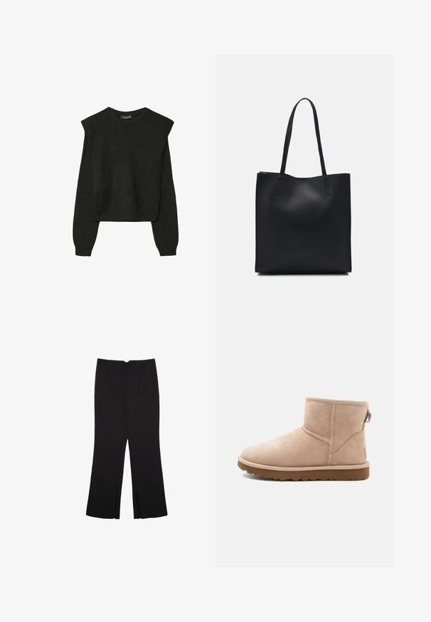 Crna pletena dugoslojna majica sa podloženim ramenima i rebrastim manžetama i rubom, prikazana na bijeloj pozadini.; Crne hlače ravnog kroja, s prednjim džepovima i bočnim prorezima na rubu. Izrađene od mekog i glatkog materijala. Pogodne za razne prigode.; Bež antilop čizme do gležnja s zaobljenim vrhom, šivenim detaljima i teksturiranom smeškom gumom. Ima pull tab na poleđini.; Crna kožna torba za nošenje s glatkom teksturom, pravokutnim oblikom i dvije duge ručke. Nema vidljivih metalnih dijelova ili ukrasa.