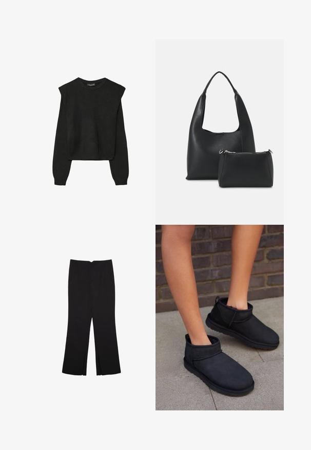 Maglione nero a maniche lunghe in maglia con spalle imbottite e polsini e orlo a coste, mostrato su uno sfondo bianco.; Pantaloni neri a gamba dritta, con tasche frontali e spacchi laterali all'orlo. Realizzati in tessuto morbido e liscio. Adatti a diverse occasioni.; Stivaletti neri realizzati in suede con una morbida fodera interna. Presentano una punta arrotondata e una suola piatta e testurizzata.; Even&Odd Borsa a mano - black