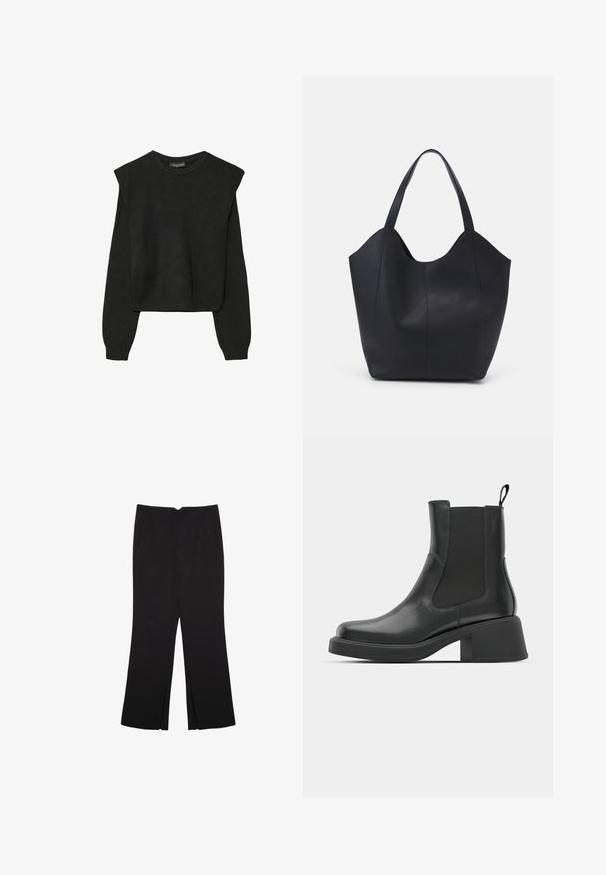 Mustat pitkätuuliseset neulepaidat, joissa on toppaukset harteilla sekä ribbaus hihansuissa ja helmassa, esitetty valkoista taustaa vasten.; Mustat housut suoralinjaisella leikkauksella, joissa on etutaskut ja sivurei'ät helman alla. Valmistettu pehmeästä ja sileästä kankaasta. Sopii eri tilaisuuksiin.; Mustat nahkaiset nilkkurit, joissa on joustavat sivupaneelit, pyöristetty kärki ja tukevat lohkare korkokengät. Liukas pinta ja minimalistinen muotoilu.; Mustat kangaskassit, jotka on valmistettu sileästä nahasta, jossa on kaareva, avoin yläosa, kaksi olkahihnaa ja minimalistinen muotoilu.