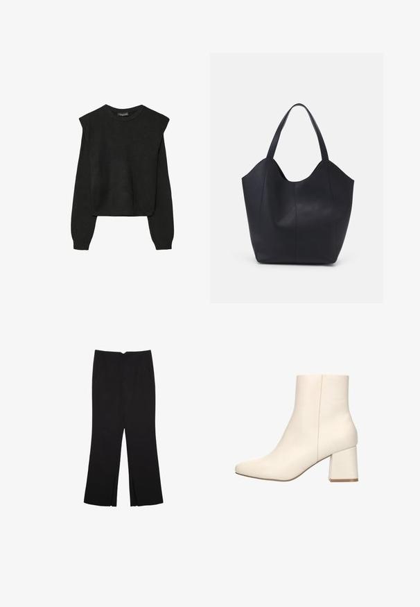 Zwart gebreid trui met lange mouwen, voorzien van gewatteerde schouders en geribbelde manchetten en onderrand, weergegeven tegen een witte achtergrond.; Zwarte broek met een rechte pasvorm, voorzien van zijzakken en plooien aan de onderzijde. Gemaakt van zachte, gladde stof. Geschikt voor verschillende gelegenheden.; Witte enkellaarzen met een gladde leren buitenkant, puntige neus en een stevige blokhak met een subtiele accent aan de basis.; Zwarte tote tas van glad leer, met een gebogen, open bovenkant en twee schouderbanden, en een minimalistisch ontwerp.