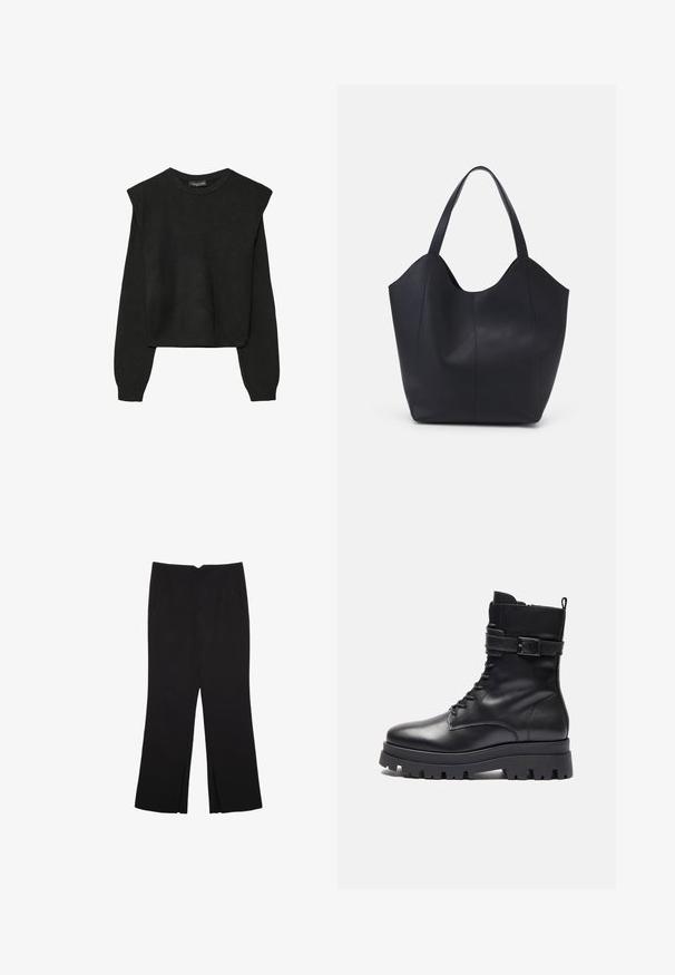 Maglione nero a maniche lunghe in maglia con spalle imbottite e polsini e orlo a coste, mostrato su uno sfondo bianco.; Pantaloni neri a gamba dritta, con tasche frontali e spacchi laterali all'orlo. Realizzati in tessuto morbido e liscio. Adatti a diverse occasioni.; Stivale alla caviglia in pelle nera con punta rotonda, chiusura con lacci frontale, dettaglio con fibbia sul lato e suola in gomma spessa.; Borsa tote nera realizzata in pelle liscia, con una parte superiore curva e aperta, dotata di due manici per spalla e un design minimalista.