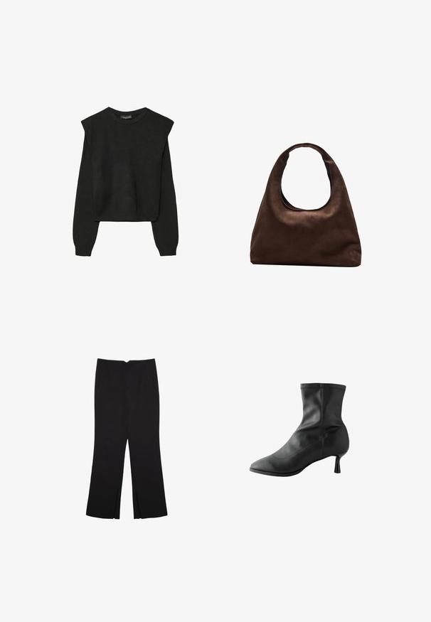 Sort striktrøje med lange ærmer, polstrede skuldre og ribkantede manchetter og kant, vist mod en hvid baggrund.; Sorte bukser med lige pasform, der har frontlommer og slidser i kanten. Lavet af blødt, glat stof. Velegnet til forskellige anledninger.; Sort ankelstøvle lavet af glat læder, med spids tå og en smal, cylindrisk hæl. Syninger langs den øverste kant.; Blød brun hobo-stil håndtaske med en enkelt bred strop og en buet åbning på toppen, vist på en hvid baggrund.