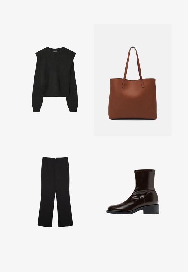 Crna pletena dugoslojna majica sa podloženim ramenima i rebrastim manžetama i rubom, prikazana na bijeloj pozadini.; Crne hlače ravnog kroja, s prednjim džepovima i bočnim prorezima na rubu. Izrađene od mekog i glatkog materijala. Pogodne za razne prigode.; Smeđe kožne čizme do gležnjeva s glatkom površinom, kvadratnim vrhom, teksturiranim šavovima i niskom blok petom. Karakterizira ih elegantan, minimalistički dizajn.; Smeđa kožna torba preko ramena s glatkom teksturom, otvorenim vrhom i dvjema naramenicama. Ima minimalne šavove i nema vidljivog hardvera.