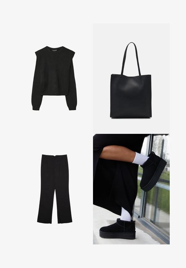 Maglione nero a maniche lunghe in maglia con spalle imbottite e polsini e orlo a coste, mostrato su uno sfondo bianco.; Pantaloni neri a gamba dritta, con tasche frontali e spacchi laterali all'orlo. Realizzati in tessuto morbido e liscio. Adatti a diverse occasioni.; Stivaletti neri in suede con suola piatta, dotati di un pratico pull tab sul retro, indossati con calzini bianchi alla caviglia su uno sfondo minimalista.; Borsa tote in pelle nera con texture liscia, forma rettangolare e due manici lunghi. Nessun hardware o decorazione visibile.