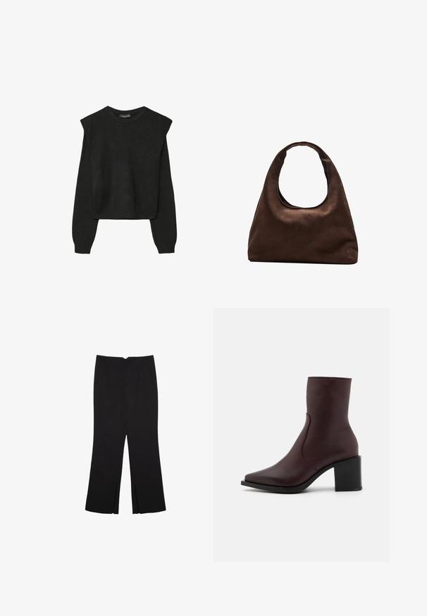 Svart långärmad stickad tröja med vadderade axlar och ribbade muddar och fåll, visad mot en vit bakgrund.; Svarta byxor med rak passform, utrustade med framfickor och sidoklyvningar vid fållen. Tillverkade av mjukt, slätt tyg. Lämpliga för olika tillfällen.; Zign LEATHER - Stövletter - bordeaux; Mjuk brun hobo-väskastil med ett brett axelband och en rundad öppning upptill, visad på en vit bakgrund.