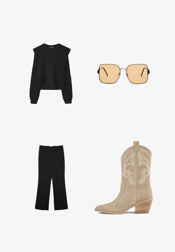 Schwarzer, langärmeliger, gestrickter Pullover mit gepolsterten Schultern sowie gerippten Bündchen und Saum, dargestellt vor einem weißen Hintergrund.; Schwarze Hose mit geradem Schnitt, ausgestattet mit Fronttaschen und Seitenschlitzen am Saum. Hergestellt aus weichem, glattem Stoff. Geeignet für verschiedene Anlässe.; Beiger Wildleder-Cowboystiefel mit spitzer Zehe, dekorativen weißen Nähten, hohem Schaft und gestapeltem Holzabsatz.; Quadratische Sonnenbrillen mit braunen Gläsern und einem dünnen schwarzen Metallrahmen. Verfügt über schräg gestaltete Bügel und verstellbare Nasenpads für zusätzlichen Komfort.; Weiche braune Hobo-Stil Handtasche mit einem einzigen breiten Trageriemen und einer geschwungenen Oberteilöffnung, auf einem weißen Hintergrund präsentiert.