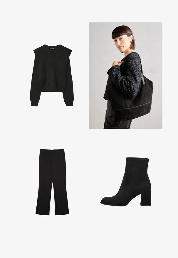 Mustat pitkätuuliseset neulepaidat, joissa on toppaukset harteilla sekä ribbaus hihansuissa ja helmassa, esitetty valkoista taustaa vasten.; Mustat housut suoralinjaisella leikkauksella, joissa on etutaskut ja sivurei'ät helman alla. Valmistettu pehmeästä ja sileästä kankaasta. Sopii eri tilaisuuksiin.; Mustat nilkkurit, joissa on paksu korko, valmistettu pehmeästä mokasta. Ominaisuuksiin kuuluvat pyöreä kärki ja sileät sivupaneelit, joissa on ompeluyksityiskohdat.; Musta mokkanahkainen laukku, jossa on sileä pinta, jämäkkä muoto ja kontrastivärinen ommel. Varustettu pitkillä hihnoilla olalla kantamista varten.