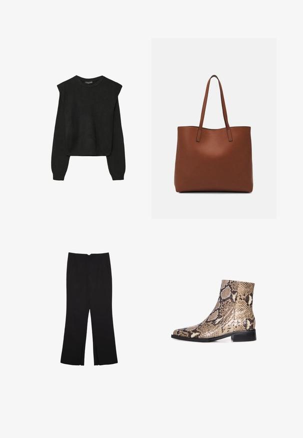 Crna pletena dugoslojna majica sa podloženim ramenima i rebrastim manžetama i rubom, prikazana na bijeloj pozadini.; Crne hlače ravnog kroja, s prednjim džepovima i bočnim prorezima na rubu. Izrađene od mekog i glatkog materijala. Pogodne za razne prigode.; Ankletske čizme od zmijskog uzorka sa špicastim nosom, sa sjajnim finišem, neutralnim bež i smeškim bojama, niskom crnom potpeticom i teksturiranim uzorkom.; Smeđa kožna torba preko ramena s glatkom teksturom, otvorenim vrhom i dvjema naramenicama. Ima minimalne šavove i nema vidljivog hardvera.