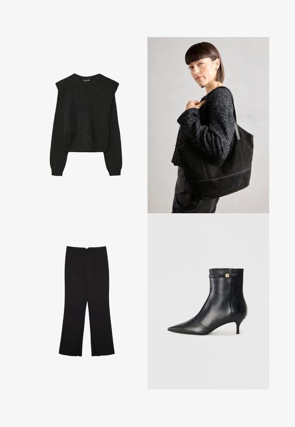 Mustat pitkätuuliseset neulepaidat, joissa on toppaukset harteilla sekä ribbaus hihansuissa ja helmassa, esitetty valkoista taustaa vasten.; Mustat housut suoralinjaisella leikkauksella, joissa on etutaskut ja sivurei'ät helman alla. Valmistettu pehmeästä ja sileästä kankaasta. Sopii eri tilaisuuksiin.; Mustat nahkasaappaat nilkkaketjulla, jossa on terävä kärki ja pieni, kapeneva korko. Varustettu koristeellisella hihnalla, jossa on kultainen nappi. Tasainen pinta.; Musta mokkanahkainen laukku, jossa on sileä pinta, jämäkkä muoto ja kontrastivärinen ommel. Varustettu pitkillä hihnoilla olalla kantamista varten.
