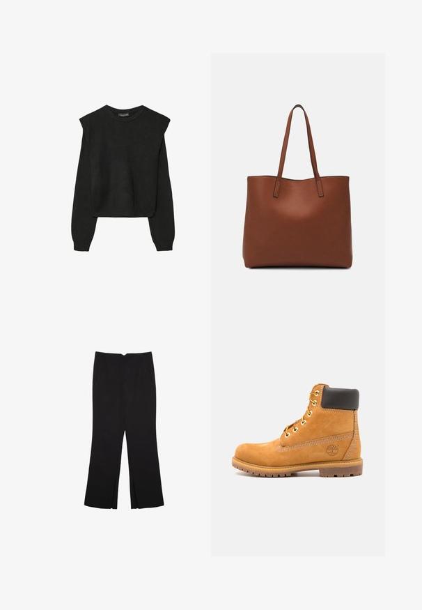 Maglione nero a maniche lunghe in maglia con spalle imbottite e polsini e orlo a coste, mostrato su uno sfondo bianco.; Pantaloni neri a gamba dritta, con tasche frontali e spacchi laterali all'orlo. Realizzati in tessuto morbido e liscio. Adatti a diverse occasioni.; Stivale alla caviglia in pelle marrone con imbottitura nera, occhielli dorati e suola texturizzata. Presenta un logo circolare su un lato e dettagli di cucitura.; Borsa tote in pelle marrone con texture liscia, design con apertura superiore e due spallacci. Presenta cuciture minime e nessun hardware visibile.