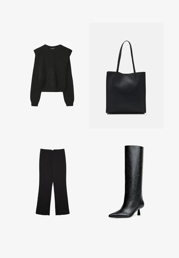 Czarny, długi sweter z dzianiny z poduszkami na ramionach oraz prążkowanymi mankietami i dołem, pokazany na białym tle.; Czarne spodnie o prostym kroju, z przednimi kieszeniami i bocznymi rozcięciami na dole. Wykonane z miękkiego, gładkiego materiału. Odpowiednie na różne okazje.; Czarne, wysokie botki do kolan wykonane z fakturowanej skóry. Mają spiczasty nosek i mały, rozszerzający się obcas. Elegancki, gładki design z minimalnymi akcentami.; Czarna skórzana torba tote o gładkiej fakturze, prostokątnym kształcie i dwóch długich uchwytach. Brak widocznych elementów metalowych i ozdób.