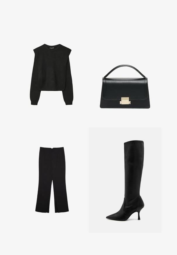 Sort striktrøje med lange ærmer, polstrede skuldre og ribkantede manchetter og kant, vist mod en hvid baggrund.; Sorte bukser med lige pasform, der har frontlommer og slidser i kanten. Lavet af blødt, glat stof. Velegnet til forskellige anledninger.; Stuart Weitzman Høje støvler/ Støvler - black; Sort læderhandtaske med et struktureret design, topbærerhåndtag og en detalje i guldfarvet metalklap på fronten. Glat tekstur, minimal syning.
