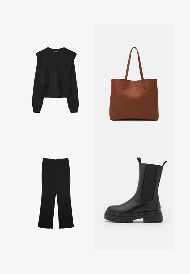 Černý pletený svetr s dlouhými rukávy, vycpanými ramenními částmi a ribbovanými manžetami a lemem, zobrazený na bílém pozadí.; Černé kalhoty s rovným střihem, s předními kapsami a bočními rozparky na lemu. Vyrobené z jemné, hladké tkaniny. Vhodné na různé příležitosti.; RAID CHERISH - Kozačky na platformě - black; Hnědá kožená taška přes rameno s hladkou texturou, otevřeným designem a dvěma ramenními popruhy. Obsahuje minimální švy a žádné viditelné kovové prvky.