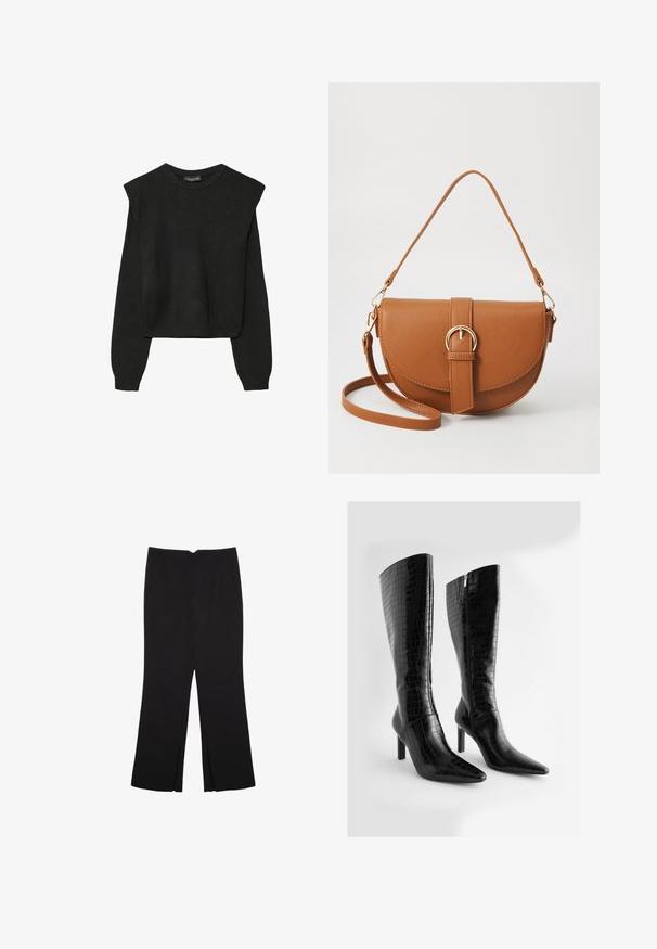Black long-sleeve knitted sweater with padded shoulders and ribbed cuffs and hem, shown against a white background.; Black trousers with a straight fit, featuring front pockets and side slits at the hem. Made of soft, smooth fabric. Suitable for various occasions.; Knee-high black faux leather boots with a crocodile texture, pointed toes, and a slim high heel; features a side zipper closure.; Brown leather crossbody bag with a curved shape, gold hardware, and a buckle accent. Features a detachable shoulder strap.