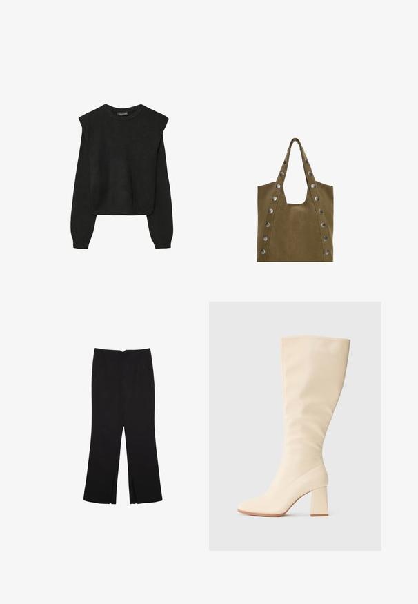 Pull en tricot noir à manches longues avec épaules rembourrées et poignets et ourlet côtelés, présenté sur un fond blanc.; Pantalon noir avec une coupe droite, doté de poches avant et d'éclairs sur l'ourlet. Fabriqué en tissu doux et lisse. Convient à diverses occasions.; Botte crème couleur jusqu'au genou avec un talon bloc et une finition lisse, présentée en profil latéral sur un fond uni.; Sac tote en daim kaki avec deux anses supérieures, présentant de grands rivets en argent sur les côtés et une grande ouverture en haut pour un accès facile.