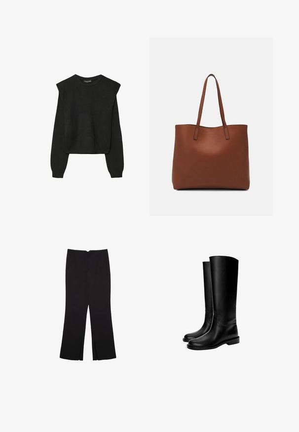 Schwarzer, langärmeliger, gestrickter Pullover mit gepolsterten Schultern sowie gerippten Bündchen und Saum, dargestellt vor einem weißen Hintergrund.; Schwarze Hose mit geradem Schnitt, ausgestattet mit Fronttaschen und Seitenschlitzen am Saum. Hergestellt aus weichem, glattem Stoff. Geeignet für verschiedene Anlässe.; Schwarze knielange Lederstiefel mit glatter Textur, runder Zehenform, flacher Sohle und minimalistischem Design, mit genähten Nähten und ohne sichtbare Beschläge.; Braune Leder-Tote mit glatter Textur, offenem Oberteil und zwei Schulterriemen. Verfügt über minimale Nähte und keine sichtbaren Beschläge.