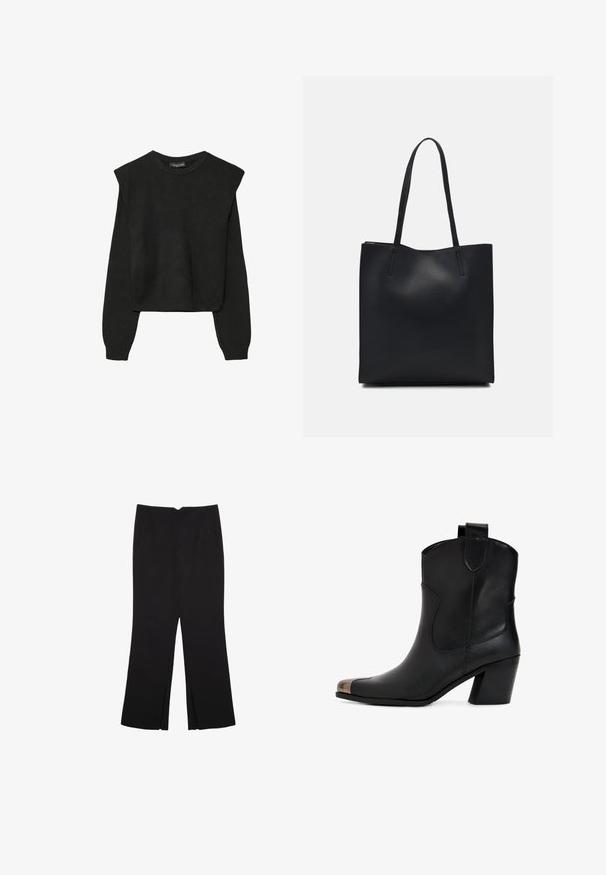Crna pletena dugoslojna majica sa podloženim ramenima i rebrastim manžetama i rubom, prikazana na bijeloj pozadini.; Crne hlače ravnog kroja, s prednjim džepovima i bočnim prorezima na rubu. Izrađene od mekog i glatkog materijala. Pogodne za razne prigode.; Crna kožna gležnjača s blago povišenom petom, s vrhom ušiljenim prema naprijed i metalnom kapicom. Jednostavni šavovi i traka za povlačenje na stražnjoj strani.; Crna kožna torba za nošenje s glatkom teksturom, pravokutnim oblikom i dvije duge ručke. Nema vidljivih metalnih dijelova ili ukrasa.