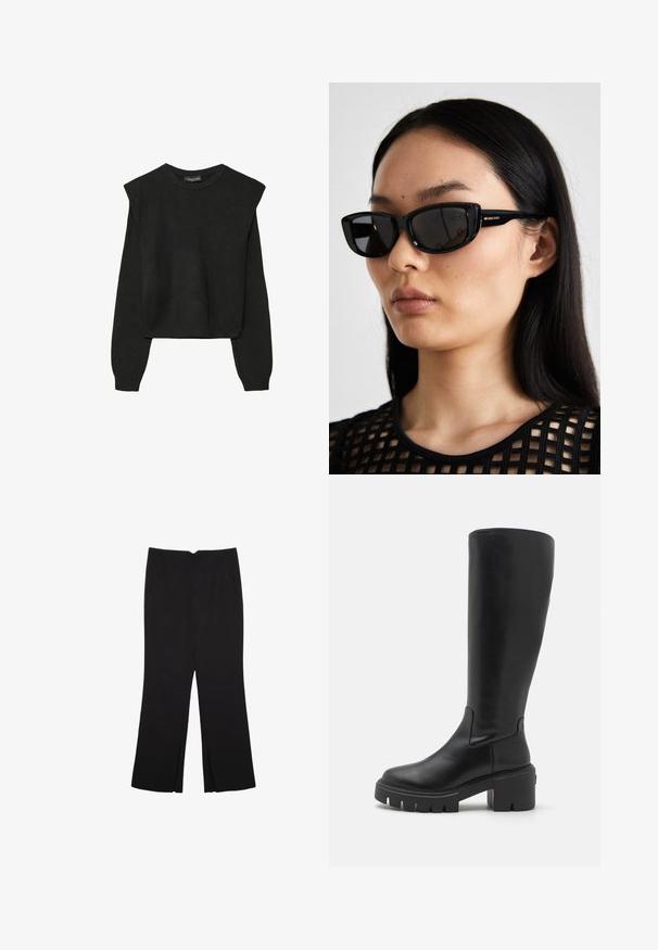 Sort striktrøje med lange ærmer, polstrede skuldre og ribkantede manchetter og kant, vist mod en hvid baggrund.; Sorte bukser med lige pasform, der har frontlommer og slidser i kanten. Lavet af blødt, glat stof. Velegnet til forskellige anledninger.; Knæhøje sorte læderstøvler med en glat overflade, kraftig platformssål og firkantet tådesign. Minimalistisk stil uden synlige detaljer.; Sorte katteøje-solbriller med mørke linser, blank plasticramme og guld logoaccent på stangen. Minimalistisk design og let vægt.; Brun lædertaske med en rynket top og en kædestrop. Glat tekstur med en blank finish og subtile sømdetaljer på siderne.